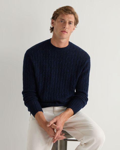 N.Peal Men's Thames Cable Round Neck Cashmere Jumper Navy Blue Melange Cable Knitwear, Poncho Coat Cape, Bond Woman, Cotton Loungewear, Girl Gift Set, Yellow Accessories, Hackett London, Round Neck Sweater, Roll Neck Sweater