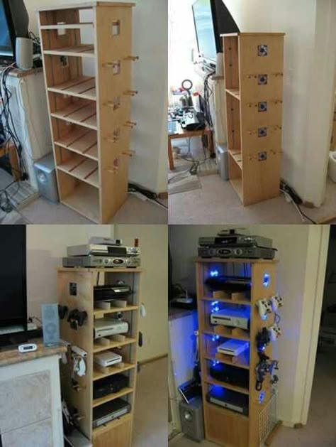 Build your own console tower, great for video game consoles, VCRs, and DVD players Games Console Storage Ideas, Tv And Game Console Set Up, Game Console Display, Video Game Console Shelf, Video Game Console Storage, Ikea Dvd Storage, Game Console Storage, Dvd Storage Boxes, Video Game Storage