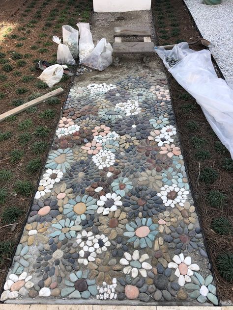 My pebble mosaic. I still have 6’ feet to go. It takes about an hour per square foot. Walkway Landscaping, Garden Walkway, Pebble Mosaic, Have Inspiration, Mosaic Garden, Garden Pathway, Garden Path, Yard And Garden, Garden Stones