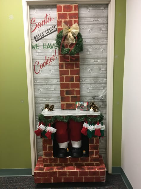 Crazy Christmas Door Decorations, Santa In Chimney Door Decoration, Santa Chimney Door Decoration, Christmas Door Wrapping Ideas, Chimney Door Decoration, Door Decor Christmas Contest, Fireplace Door Decoration Christmas, 3d Christmas Door Decorating Contest, Christmas Door Fireplace