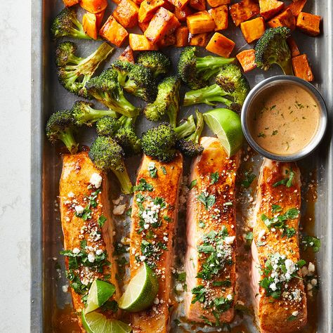 Sheet-Pan Salmon with Sweet Potatoes & Broccoli Seafood Plating, Noom Meals, Low Cholesterol Diet Plan, Salmon Sweet Potato, Salmon Broccoli, High Cholesterol Diet, Potatoes Broccoli, Pan Salmon, Salmon And Sweet Potato