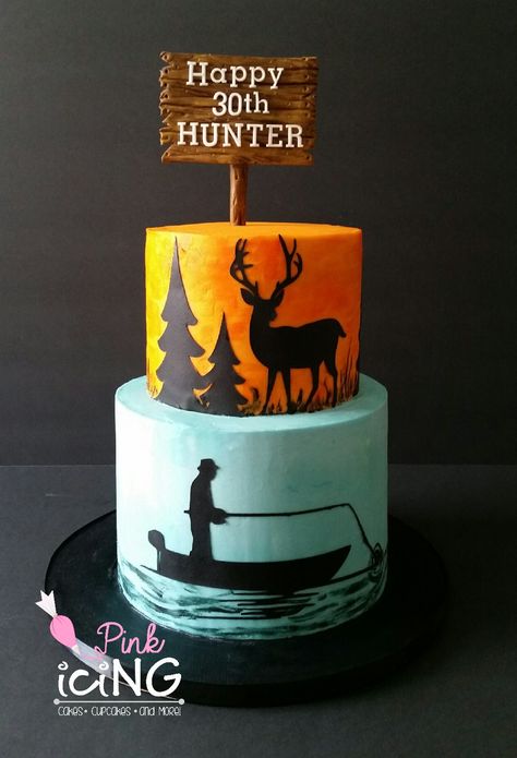 Hunting Fishing themed cake Pink Icing LLC Fishing Theme Cake, Fishing Cakes, Hunting Birthday Cakes, 40th Birthday Cakes For Men, Birthday Cake For Men, Camping Cake, Camo Cake, Hunting Birthday Party, Birthday Cake Cookies