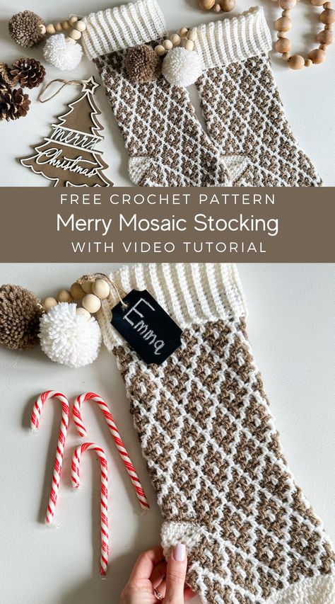 Mosaic Christmas Crochet Stocking free crochet pattern and YouTube video tutorial. Featuring WeCrochet Dot Crochet hooks. Buffalo Plaid Crochet Stocking, Crochet Christmas Countdown Calendar, How To Crochet Stocking, Crochet Christmas Stocking With Name, Crochet Christmas Stocking Ornament, Dog Bone Stocking Pattern Free, Wool Ease Crochet Patterns, Crochet Stockings Christmas Free Pattern, Small Crochet Stocking