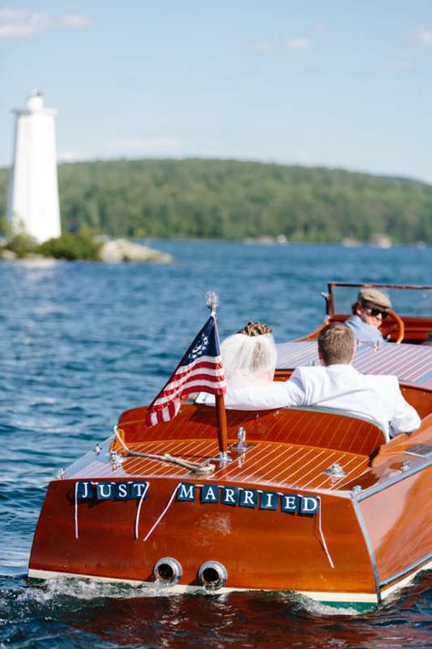 Wooden boat getaway. Photo by Rodeo & Co. Photographers. Wedding Getaway Car, Wedding Transport, Just Married Sign, Wedding Exit, Boat Wedding, Wedding Transportation, Motor Boat, Yacht Club Wedding, Dream Wedding Decorations