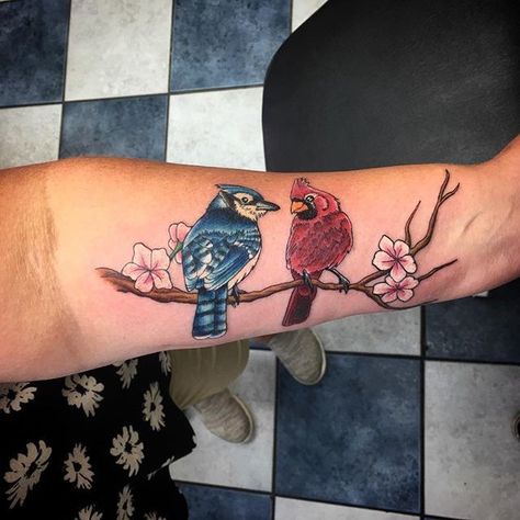 Cardinal And Blue Jay Tattoo, Cardinal Tattoos For Women, Cardinal And Blue Jay, Red Cardinal Tattoos, Small Cardinal Tattoo, Blue Jay Tattoo, Jay Tattoo, Winter Tattoo, Memorial Tattoo Designs