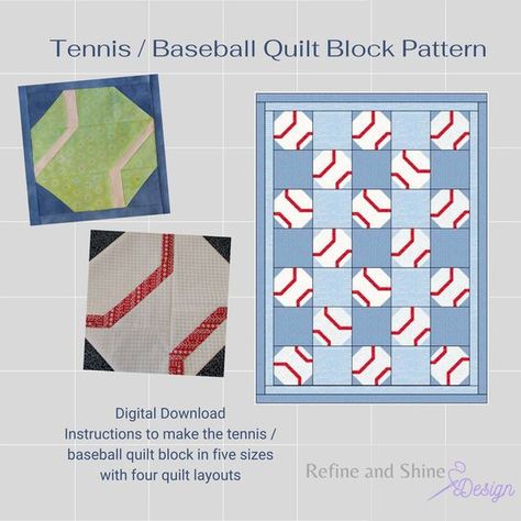 "With a simple fabric change, this quilt block could be either a tennis ball or a baseball.  Two variations of the ball are included and can be combined together to make a quilt full of balls.   The pattern is made using traditional quilting techniques. The instant downloadable pdf quilt pattern provides you with detailed step-by-step instructions,  diagrams, and dimensions to make the pattern in five sizes (6\", 9\", 12\", 18\", and 24\").  This variety of sizes will help you tailor the pattern Teen Quilts, Baseball Quilt, Football Quilt, Quilt Layouts, Sports Quilts, Simple Fabric, Make A Quilt, Textiles Projects, Cute Quilts