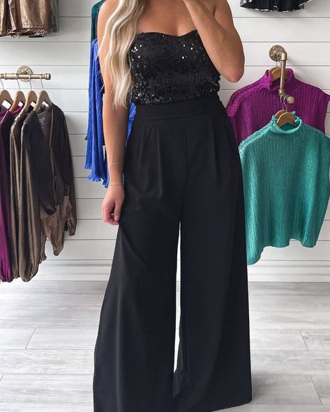 Make every night out unforgettable this summer with our stunning Black Sequin Tube Top Wide Leg Jumpsuit 💫 Perfect for those special Southern Belle moments under the stars. Sparkle like never before at only $51.82! ✨ Shop now: https://shortlink.store/fmop5pdljyx_ Xmas Night Out Outfit, Mid Size Vegas Outfit, 40th Birthday Outfits For Women, Holiday Office Party Outfit, Winter Cocktail Outfit, 40th Photoshoot, After Party Outfit, Sequin Tube Top, Tube Top Jumpsuit