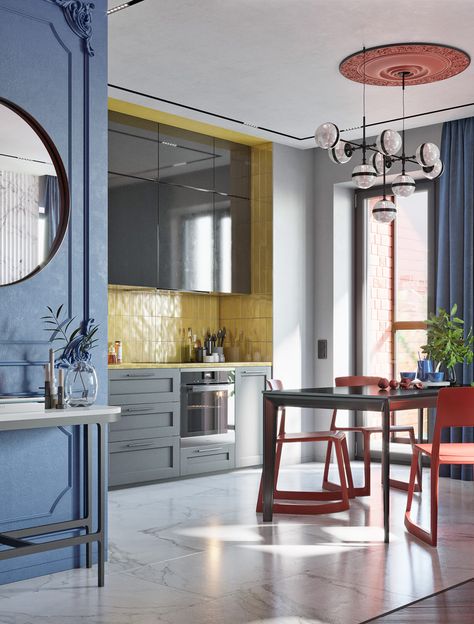 Going Cuckoo For Colourful Interiors & Outlandish Decor Colourful Interior Design, Grey Kitchen Designs, Mid Century Interior, Colorful Apartment, Colorful Interior Design, Pendant Lighting Dining Room, Floor Lamp Design, Bespoke Furniture, Home Room Design