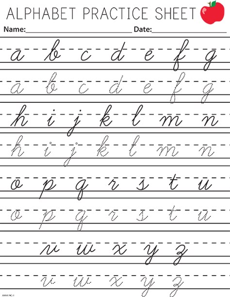 Cursive Alphabet: See Free Printable Cursive Worksheets Cursive Alphabet Printable, Cursive Handwriting Sheets, Cursive Small Letters, Cursive Practice Sheets, Preschool Handwriting, Cursive Letters Worksheet, Teaching Cursive Writing, Cursive Writing Practice Sheets, Cursive Worksheets