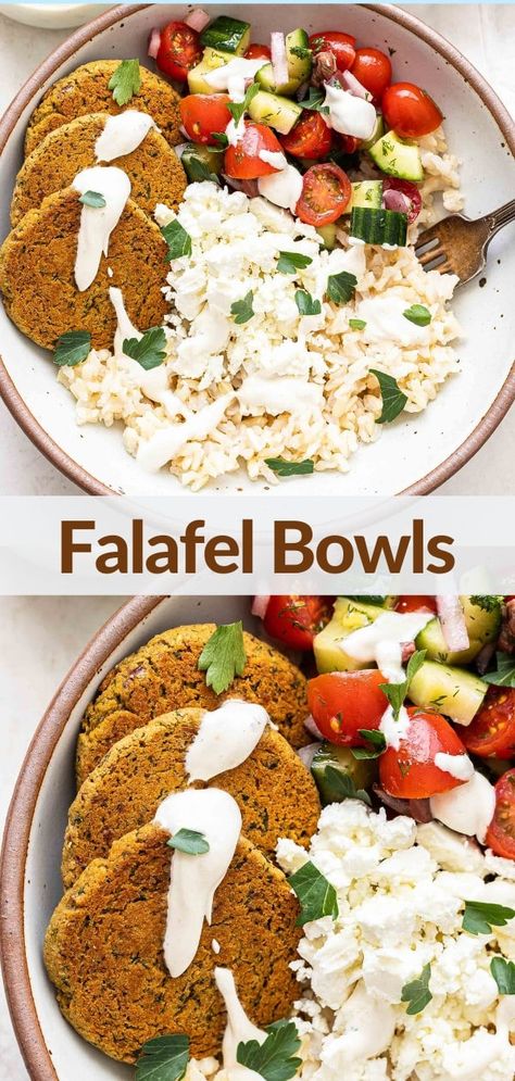 These hearty Mediterranean falafel bowls are a delicious and satisfying vegetarian meal! Rice bowls are topped with homemade baked falafels, a tomato cucumber salad, feta, and an incredible creamy tahini yogurt dressing. Balanced, healthy and great for meal prep! #falafels #ricebowl #vegetarianrecipes #healthydinner #healthyrecipes #Mediterraneanrecipes #Mediterraneandiet #mealprep #chickpeas Falafel Bowls, Recipes Bowls, Recipe Runner, Salad Feta, Falafel Bowl, Asian Steak Bites, Creamy Pasta Bake, Baked Falafel, Tomato Cucumber Salad