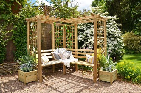 Wooden Arbour, Corner Arbour, Wooden Garden Seats, Garden Ideas Uk, Wisteria Pergola, Wooden Arbor, Cheap Pergola, Pergola Attached To House, Garden Arbor