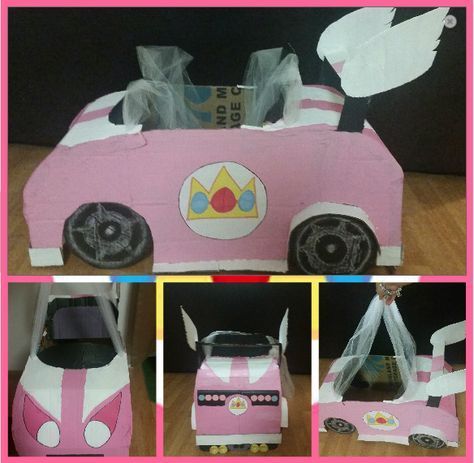 Kindergarten project, Princess Peach box car! Princess Peach Box Car, Princess Peach Kart, Princess Peach Cardboard Car, Princess Peach Valentine Box Ideas, Kindy 500 Cars, Transportation Parade, Kindy 500, Princess Peach Costume Diy, Princess Peach Mario Kart