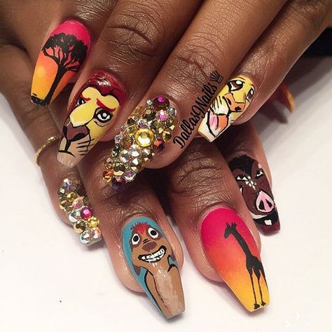 Lion King Nails, King Nails, Nails With Rhinestones, Disney Inspired Nails, Oval Shaped Nails, Lion King Birthday, King Birthday, Disney Nails, Disney Lion King