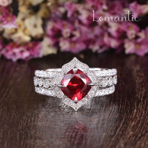 3ct Ruby Art Deco Engagement Ring Set Half Eternity Wedding Ring 7mm Cushion Cut Ruby Diamond Ring Bridal Set July Birthstone Ring Milgrain here is the wedding band: https://www.etsy.com/listing/1485564424/ ❥ Product Information ❥ Width: about 1.6-2mm * Center Stone  Metal Type:lab ruby stone(Color D-E-F, Clarity VVS) Shaped: Cushion Cut Size: 7mm * Side Stone  Metal Type: Colorless Moissanite or lab-grown diamond Weight: Approx 0.5ct ❥ENGRAVING❥ Up to 25 letters  --------------------------- ❥PAYMENT PLANS❥ The first payment is starting at $100, then the rest payment can be divided into several payments. Total payment period is 3 months.  Just let me know your idea and I can make you a listing for the layaway.  ---------------------------- ❥PERSONALIZED ORDER❥ The answer is YES! Message an Ruby Jewelry Ring, Art Deco Engagement Ring Set, Eternity Wedding Ring, July Birthstone Ring, Ruby Diamond Ring, Ruby Diamond Rings, Art Deco Engagement, Deco Engagement Ring, Ruby Jewelry