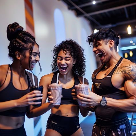 Fitness Friends Laughing: Three fitness enthusiasts share a lighthearted moment with protein shakes after a workout session at the gym. #gym #fitness #friends #laughter #protein #shakes #workout #health #aiart #aiphoto #stockcake https://ayr.app/l/Tj2a Gym Team Photoshoot, Juice Photoshoot, Laughing Images, Gym Group, Gym Protein, Fitness Friends, Gym Photo, Fitness Shoot, Friends Workout