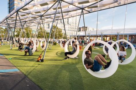 One of the coolest features of The Lawn on D is its collection of giant swings. Hybe Insight, Playgrounds Architecture, Adult Playground, Urban Landscape Design, Public Space Design, Playground Design, Landscape Architecture Design, Urban Park, Urban Furniture