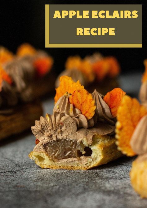 Visit our website to read the complete recipe :) Apple Eclair, Eclair Recipe, Whipped Ganache, Apple Spice, Choux Pastry, Apple Filling, Chocolate Cinnamon, Spiced Apples, Eclairs