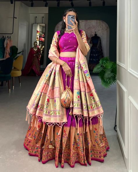 *🌷Paithani collection 🌷* "Captivate hearts and turn heads in our Jacquard Silk Paithani Lehenga Choli - where every detail reflects the essence of tradition🩵. *Catalogue : AAKANKSHA* *2021PEC* *2021SBL* *2021PRL* *2021WHT* *Lehenga(Stitched)* Lehenga Fabric : Jacquard Silk(Paithani) Lehenga work : Weaving Zari Work Waist : SUPPORTED UP TO 42 Length : 41 Flair : 3.50 Meter Stitching : Stitched With Canvas and Can Can Lehenga Closer : Drawstring with Handmade Tassels Inner : Micro Cotton... Paithani Dupatta, Paithani Lehenga, Lehenga With Dupatta, Purple Lehenga, Lehenga Pattern, Function Dresses, Stitched Lehenga, Kids Frocks Design, Culture Clothing