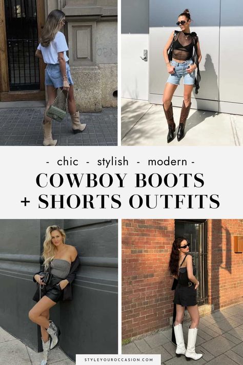 Leather Shorts With Cowboy Boots, Leather Shorts Cowboy Boots Outfit, Long Shorts And Cowboy Boots, Cowboy Boots With Shorts Outfit, Brown Cowgirl Boots Outfit Summer, Jean Shorts Cowboy Boots Outfit, Shorts With Cowboy Boots Outfits, Denim Shorts And Cowboy Boots Outfit, Cowboy Boots Outfit Shorts