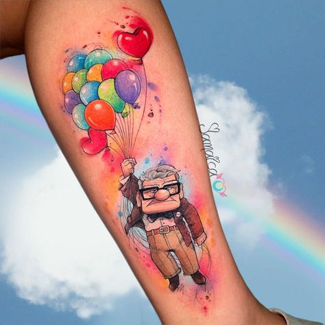 Watercolour Disney Tattoo, Pixar Tattoos, Disney Outline, Disney Watercolor Tattoo, Matching Tattoos For Couples, Birthday Tattoos, Couple Tattoo Ideas, Mum Tattoo, Tattoos For Couples