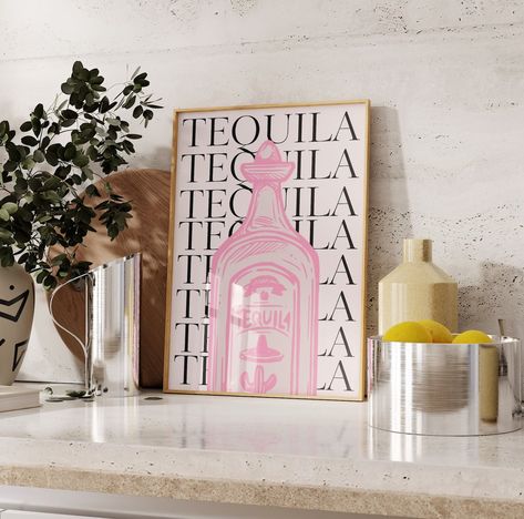 Retro Pink Tequila Poster-Aesthetic Girly Bar Cart Art-Preppy Pink Posters-Trendy Wall Art-Cocktails Art-Bar Cart Art-Bright Prints-Wall Art Pink Tequila, Girly Bar Cart, Tequila Poster, Girly Bar, Tequila Rose, College House Decor, Bright Prints, Art Preppy, Bar Cart Art