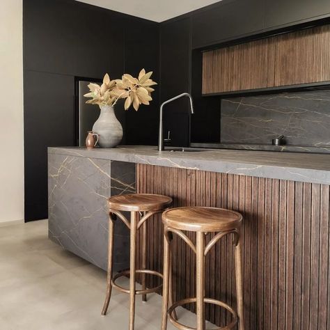 Dark Timber Kitchen, Dekton Laurent Kitchen, Black And Timber Kitchen, Trail Appliances, Colorful Cabin, Dekton Laurent, Denver Architecture, Lux Kitchen, Timber Benchtop