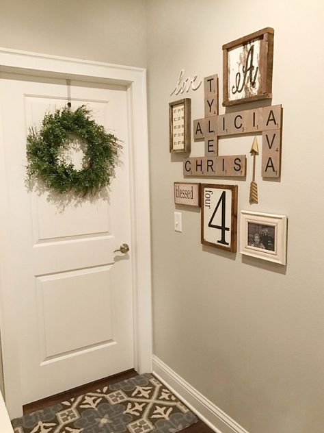 Art Gallery Ideas, Farmhouse Gallery Wall, Scrabble Wall Art, Scrabble Wall, Scrabble Art, Home Bunch, Gallery Ideas, Wall Art Gallery, Room Doors