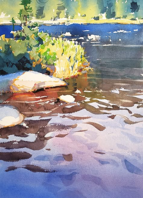 Yong Hong Zhong,    Pacific Northwest Plein Air Painting 2018. (Lake Oswego, OR), Creek Reflection, watercolor, 8” x 11” Watercolour Plein Air, Watercolor Lake Painting, Lose Watercolor Painting, River Watercolor Painting, Closet Interior Design, Watercolor Plein Air, Reflection Watercolor, Interior Design Collage, Watercolor Process