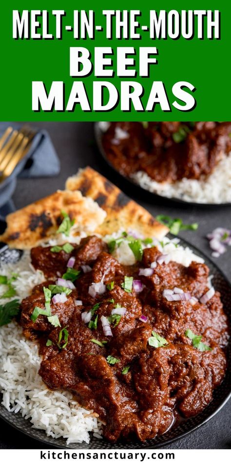 Beef Madras Recipe, Madras Recipes, Beef Madras, Indian Beef Recipes, Beef Curry Recipe, Kitchen Sanctuary, Curry Recipes Easy, Veal Recipes, Pasta Meals