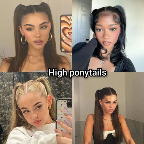 Which one do you choose?? #ponytail #highponytail #straighthair #bubbleponytail #curlyhair #hightbubdles #halfuphalfdownhairstyle #wavyhair #franchbraid #braids #pigtails #halfuphalfdownslickback #afrohair #franchcurls #sleekbun #buns #spacebuns #braidedtop #conrows #twolowpigtails #hairstyle #foryou #foryoupage Pigtail Braids Outfit, High Pig Tails Hairstyles, Cute Low Pigtails, Half Up Half Down Hair Pigtails, Cute Pigtail Hairstyles, Hairstyle Pigtails, Half Up Pigtails, Waitress Aesthetic, Tails Hairstyles