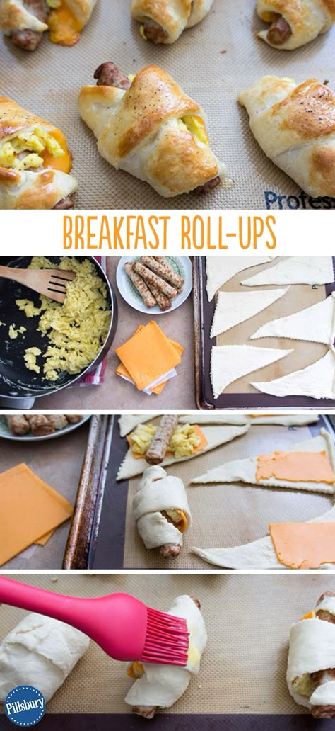 Crescent rolls, sausage links, and scrambled eggs rolled into a breakfast treat! An easy recipe for moms on-the-go. Breakfast Roll Ups, Breakfast Roll, Crescent Roll Breakfast Recipes, Breakfast Sausage Links, Breakfast Rolls, Breakfast Eggs, Sausage Links, Crescent Roll Recipes, Breakfast Sausage