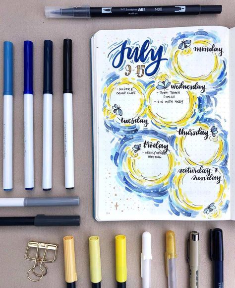 Want to add sparkling summer vibes to your Bullet Journal? Check these firefly theme inspirations. Including my own take on this theme and August Plan With Me. Firefly theme: cover pages, monthly log, weekly spreads. habit trackers and more! #mashaplans #bulletjournal #bujo #planwithme #pwm #inspirations Firefly Bullet Journal, خريطة ذهنية, Bullet Journal 2019, Desain Buklet, Bullet Journal Weekly Spread, Bullet Journal Aesthetic, Bullet Journal Diy, Bullet Journal Notebook, Dot Journals