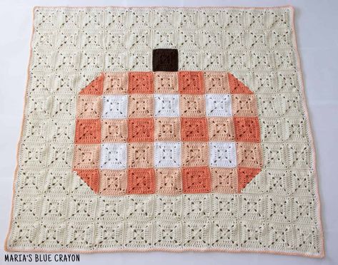 Gingham Pumpkin Crochet Blanket Pattern - Maria's Blue Crayon Crochet Pumpkin Blanket, Crochet Fall Blanket, Crochet Halloween Blanket, Crochet Fall Patterns, Pumpkin Granny Square, Crochet Gingham, Blanket Burrito, Pumpkin Blanket, Crochet Fall Decor