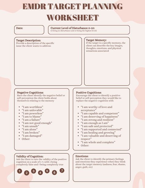 These Eye Movement Desensitization and Reprocessing (EMDR) worksheets offer guided questions and sections to collaborate with a client around what they are targeting in EMDR therapy. Sections include target descriptions, target memories, identifying negative and positive cognitions, the validity of cognitions, emotions that the target brings about for the client, identifying bodily sensations, goals of therapy, coping skills, and any other relevant data that the client may share in target planni Emdr Worksheets, Social Work Interventions, Therapy Questions, Planning Worksheet, Eye Movement, Clinical Social Work, Classroom Makeover, Emdr Therapy, Therapy Quotes