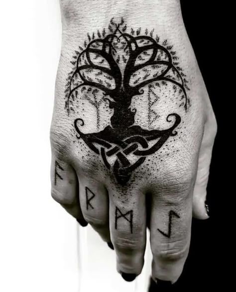 20 Jaw-Dropping Yggdrasil Tattoo Ideas That’ll Inspire You Nordic Henna Designs, Yggradsil Tattoo, Norse Tattoo Men, Yggdrasil Tattoo Vikings, Norse Pagan Tattoo, Viking Hand Tattoo, Small Nordic Tattoo, Yggdrasil Symbol, Jormungandr Tattoo