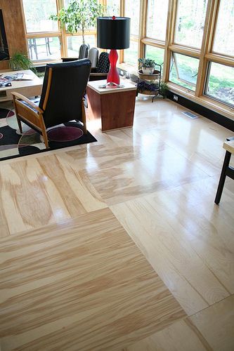 Plywood floors - 4X4 Baltic birch with clear urethane finish Cheap Hardwood Floors, Faux Wood Flooring, Lodge Ideas, Zen House, Plywood Floor, Plywood Flooring, Basement Flooring, Diy Flooring, Hard Wood