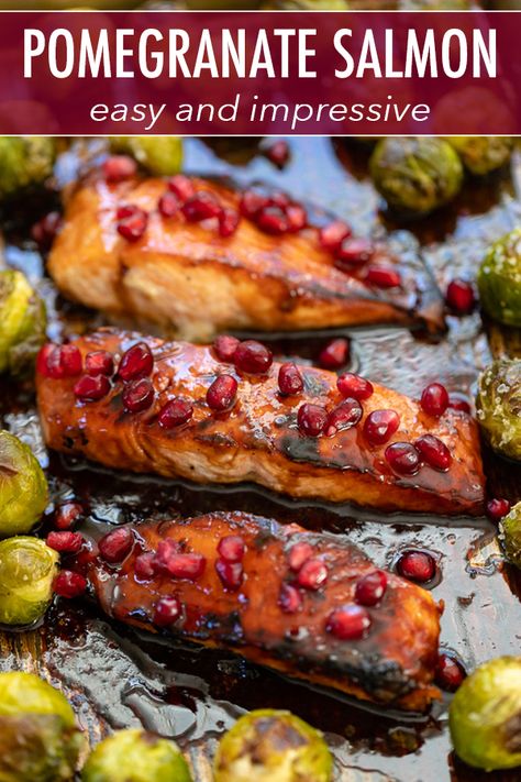 This recipe looks and tastes luxurious but is so easy to make! Glazed pomegranate salmon is seared and roasted with Brussels sprouts for a meal that's impressive but easy to make in 45 minutes! #salmon #pomegranate #entertaining via @nourishandfete Pomegranate Balsamic Glaze, Pomegranate Salmon Recipes, Pomegranate Molasses Recipe Dishes, Pomegranate Glazed Salmon, Pomegranate Dishes, Salmon Pomegranate, Pomegranate Salmon, Salmon With Pomegranate, Coastal Thanksgiving