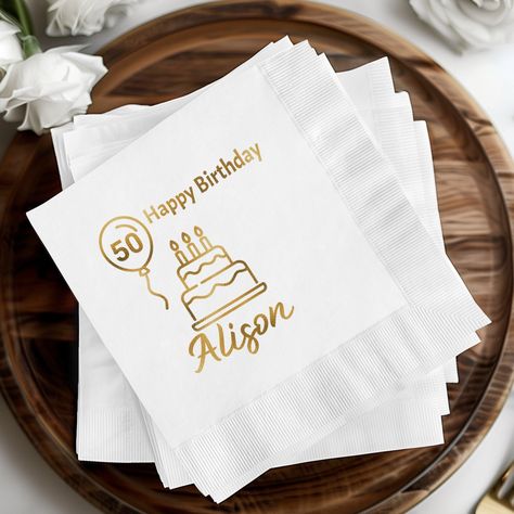 Personalized Birthday Napkin, Custom Party Napkins, 50th Birthday Decor, Birthday Cake Napkins, Special Occasion Party Supplies by StyleAvenueByStyle on Etsy 50th Birthday Decor, 50th Birthday Decorations, Birthday Napkins, Happy 50th Birthday, Custom Napkins, Birthday Name, Beverage Napkins, Birthday Food, Decor Birthday