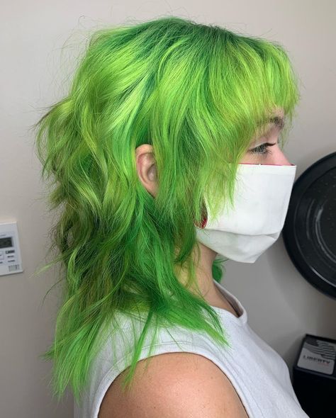 WILMINGTON, NC•HAIR STUDIO on Instagram: “Suuuuper happy with this outcome. 🧑🏼‍🎤 #pulpriot thank you for your GREENZZZ . . . . . . . #pulpriot #pulpriothair  #hairobsessed…” Blue Mullet, Shag Mullet, Neon Green Hair, Scissor Sisters, Cute Hair Colors, Beauty Hairstyles, Dyed Hair Inspiration, Alternative Hair, Laugh Out Loud