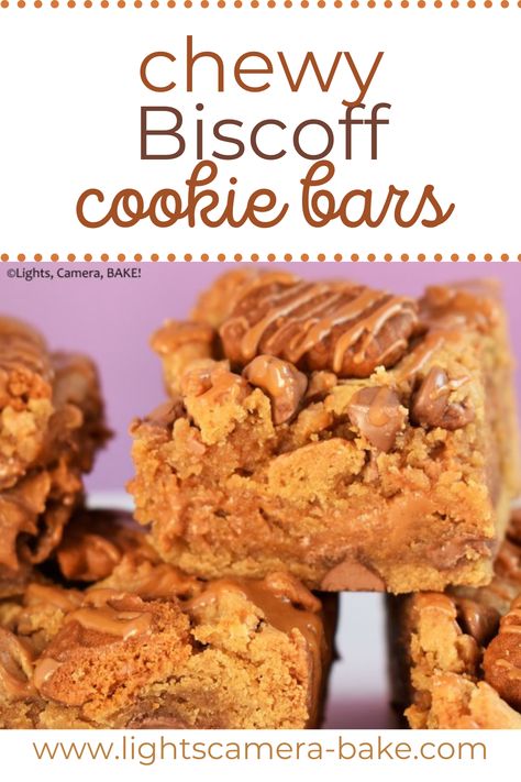 These chewy Biscoff Cookie Bars are thick, chewy, and oh-so gooey. Chocolate chip cookie bars made with cookie bars, and decadent Biscoff cookie butter. These bars are easy to make and the perfect sweet treat to bring to your next get-together. Cookie Jar Brownies, Biscoff Millionaire Bars, Cookie Bar Ideas, Recipes Using Biscoff Cookies, Biscoff Cookie Bars, Biscoff Cookie Butter Desserts, Cookie Butter Recipes Biscoff, Biscoff Bars, Recipes Using Biscoff Cookie Butter