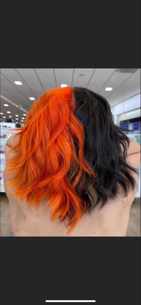 Half orange and black haircolor Black And Orange Hair, Orange And Black Hair, Enid Oklahoma, Half And Half Hair, Colors Hair, Body Waxing, Haircut And Color, Black And Orange, Formal Hairstyles