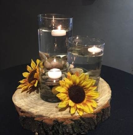 Wedding Centerpieces Sunflowers, Sunflower Wedding Centerpieces, Wolf Wedding, Floating Candles Wedding, Sunflower Wedding Decorations, Holly Wedding, Sunflower Party, Sunflower Themed Wedding, Candles Wedding