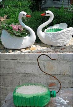 Garden Ideas With Plastic Bottles, Design A Garden, Plastic Bottle Planter, Small Garden Ideas, Creative Planter, Planter Diy, Reuse Plastic Bottles, Diy Concrete Planters, Plastic Bottle Art