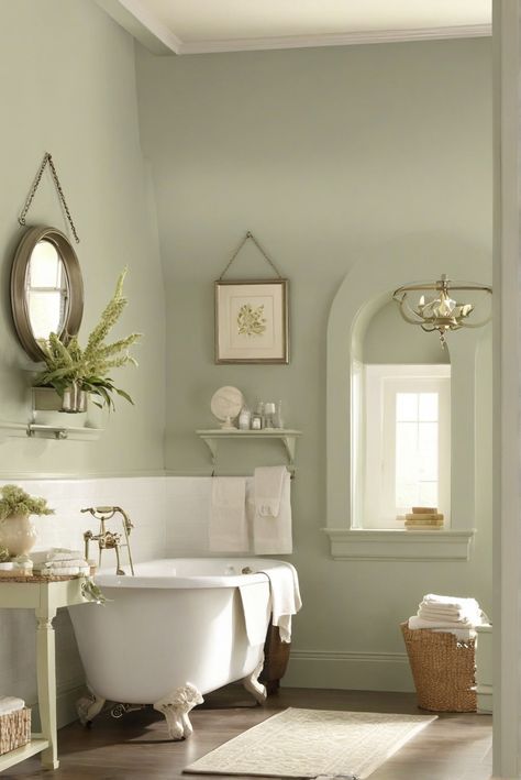 1) Interior design inspiration 
2) Sherwin Williams color palette 
3) Tranquil home decor 
4) Clary Sage 2024 paint color Sherwin Williams Room Ideas, Semi Gloss Bathroom Walls, Sherwin Williams Clary Sage Bedrooms, Pale Sage Green Bathroom, Creamy Green Paint Color, Sherwin Williams Clary Sage Bathroom, Sw Clary Sage Wall Colors, Clary Sage Bathroom Walls, Sherwin Williams Pale Green