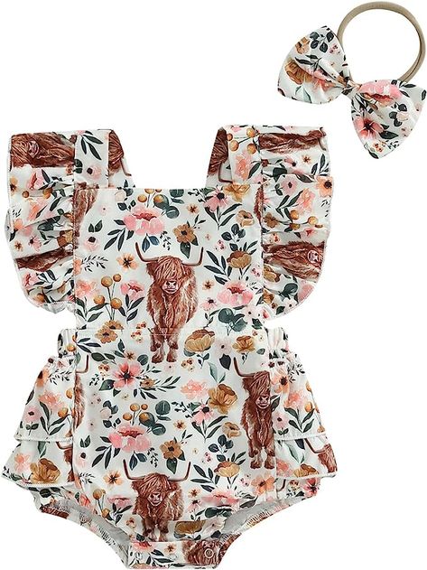 Karuedoo Western Baby Girl Clothes Cow Print Romper Ruffle Sleeveless Onesie Bodysuit Headband Infant Cowgirl Outfit Country Baby Girl Clothes, Baby Cowgirl Outfits, Western Baby Girls, Western Baby Clothes, Country Baby Girl, Baby Clothes Country, Western Girl Outfits, Cowgirl Baby, Western Baby