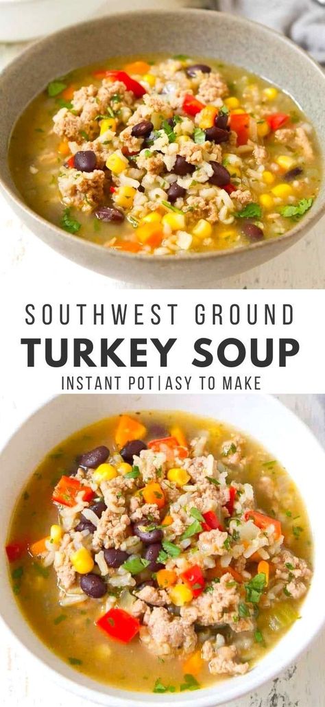 Ground turkey soup with black beans in a gray bowl. Ground Turkey Vegetable Soup Instant Pot, Instant Pot Ground Turkey Soup, Turkey Quinoa Soup Recipes, Ground Turkey Soup Recipes Crock Pots, Ground Turkey Rice Soup, Healthy Ground Turkey Soup, Ground Turkey Soup Recipes Healthy, Ground Turkey Recipes Instant Pot, Instant Pot Recipes Ground Turkey