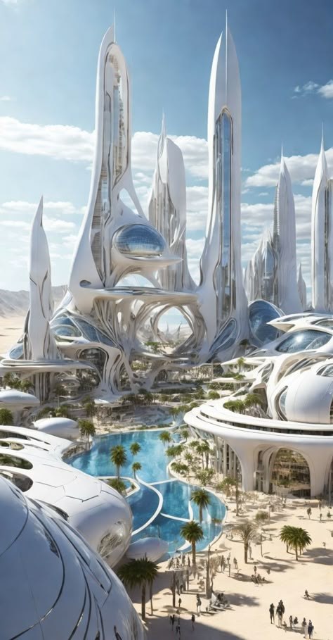 The year is 2030. A white city that rises from the desert, where sand and heat are transformed into energy and beauty. The city is a miracle of technology, using solar panels and mirrors to create electricity and water. The people are optimistic and visionary, dreaming of a better future for humanity. #Future2030 #FuturisticCivilization #InnovativeArchitecture #SustainableDesign #AdvancedTransportation #GreenUrbanSpaces #NatureMeetsTechnology #RenewableRevolution #OptimisticFuture #illustration Futuristic Green City, Utopia Aesthetic, Utopia Design, Futuristic City Utopia, Utopian City, Future Technology Concept, Earth City, Dreamscape Architecture, Future Earth