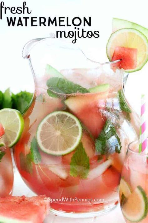 Watermelon Mojitos make a refreshing summer cocktail! Sweet juicy watermelon, tangy lime and garden fresh mint create the perfect blend for sipping on the deck! #spendwithpennies #easymojitos #easyrecipe #summerdrink #withmint #withlime #freshrecipe Batch Cocktail Recipe, Berry Sangria, Frozen Limeade, Punch Cocktails, Watermelon Mojito, Batch Cocktails, Refreshing Summer Cocktails, Party Punch, Fresh Watermelon