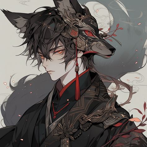 Fox Man Art, Fox Boy Art, Male Kitsune Art, Anime Wolf Boy, Male Kitsune, Kitsune Boy, Anime Fox Boy, Black Kitsune, Black Hair Boy