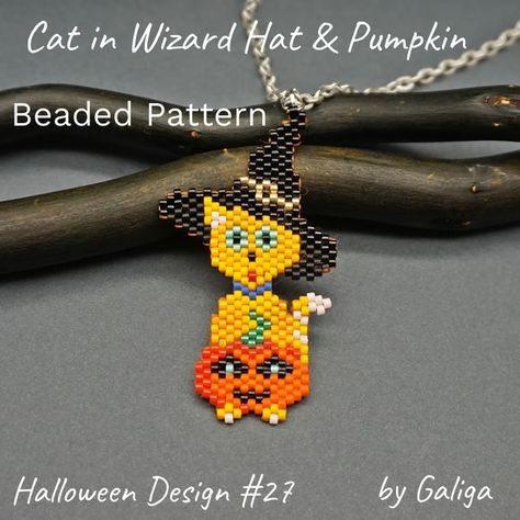 Beaded Cat in Hat with Pumpkin Pattern - Halloween DIY Seed | Inspire Uplift Diy Seed Bead Jewelry, Beaded Cat, Halloween Beaded Jewelry, Pet Collar Charms, Beaded Patterns, Beaded Candle, Seed Bead Crafts, Holiday Beading, Festive Crafts